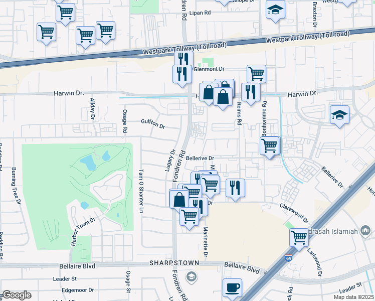 map of restaurants, bars, coffee shops, grocery stores, and more near 6045 Fondren Road in Houston