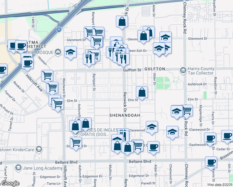 map of restaurants, bars, coffee shops, grocery stores, and more near 6201 Rampart Street in Houston