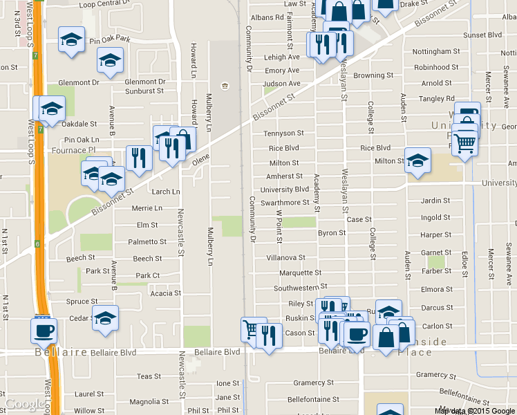 map of restaurants, bars, coffee shops, grocery stores, and more near 4229 Swarthmore Street in Houston