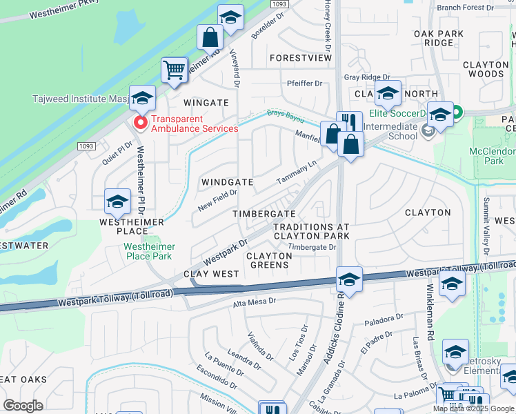 map of restaurants, bars, coffee shops, grocery stores, and more near 16010 Timber Run Drive in Houston