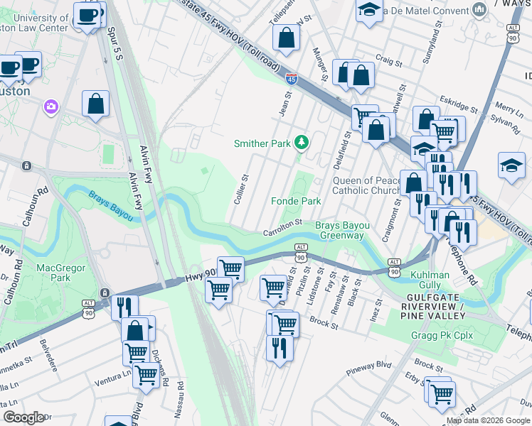 map of restaurants, bars, coffee shops, grocery stores, and more near 2704 Munger Street in Houston