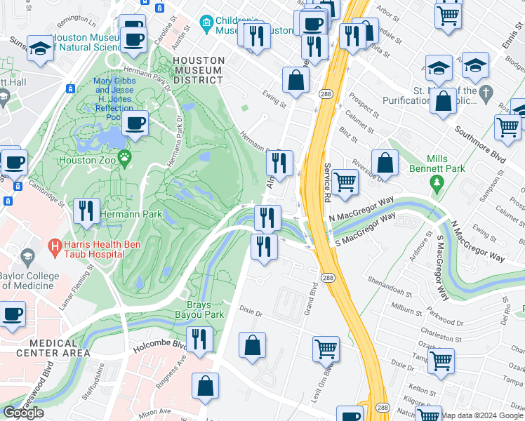 map of restaurants, bars, coffee shops, grocery stores, and more near 38 Almeda Road in Houston