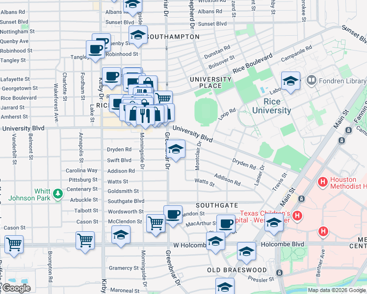 map of restaurants, bars, coffee shops, grocery stores, and more near 2242 Dryden Road in Houston