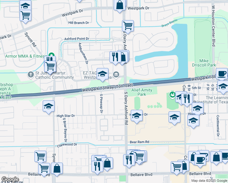 map of restaurants, bars, coffee shops, grocery stores, and more near 12818 Harwin Drive in Houston
