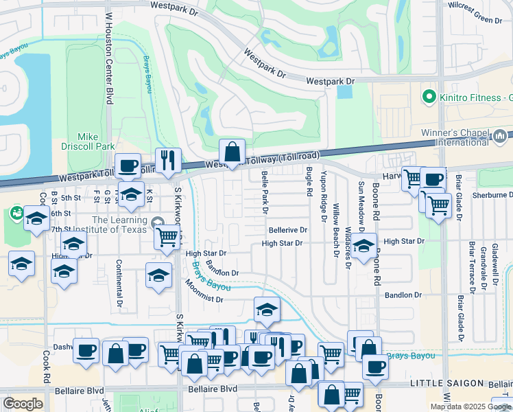 map of restaurants, bars, coffee shops, grocery stores, and more near 4060 Belle Park Drive in Houston