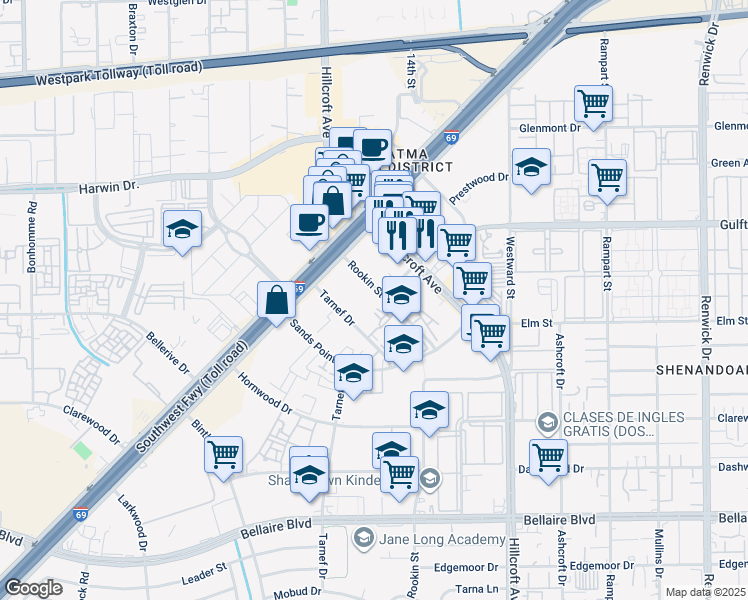 map of restaurants, bars, coffee shops, grocery stores, and more near 6040 Rookin Street in Houston