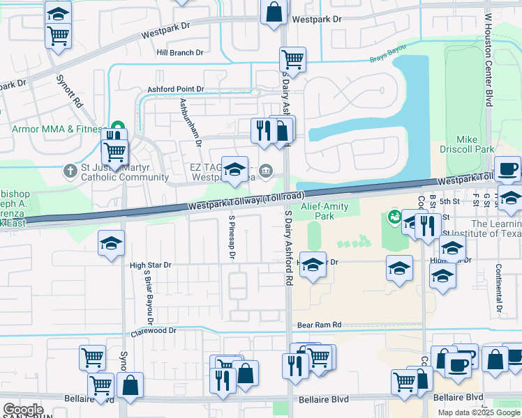 map of restaurants, bars, coffee shops, grocery stores, and more near 12818 Harwin Drive in Houston