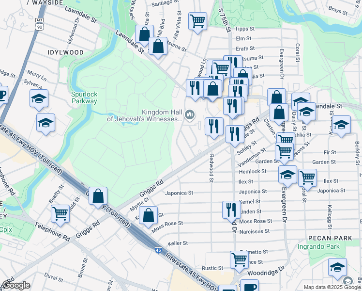 map of restaurants, bars, coffee shops, grocery stores, and more near 2243 Rainbow Drive in Houston