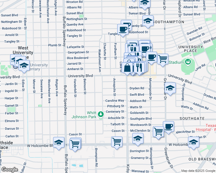 map of restaurants, bars, coffee shops, grocery stores, and more near 2722 Pemberton Drive in West University Place