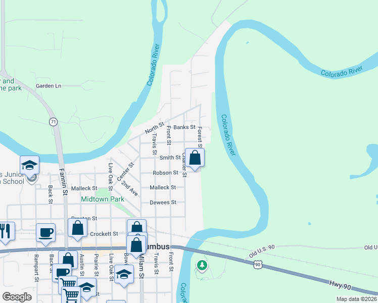 map of restaurants, bars, coffee shops, grocery stores, and more near 202 Smith Street in Columbus
