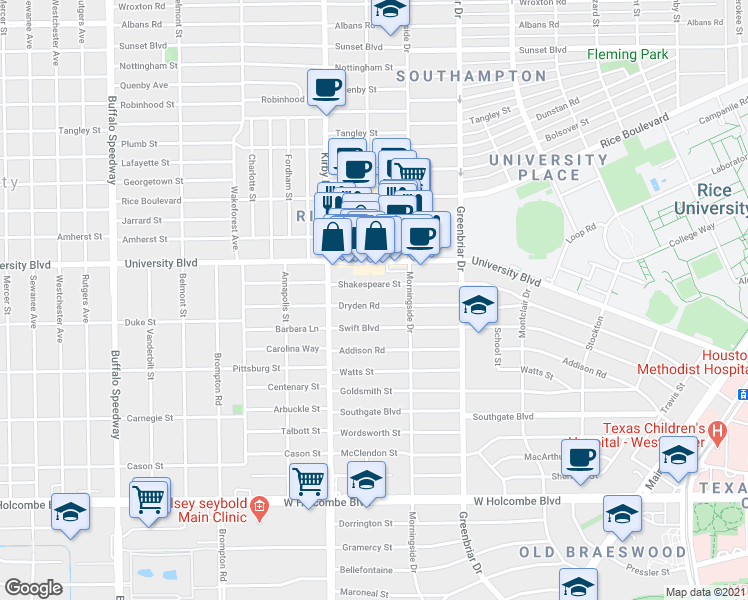 map of restaurants, bars, coffee shops, grocery stores, and more near 2432 Dryden Road in Houston