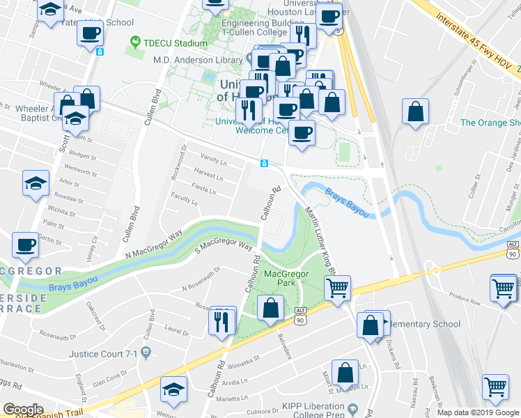map of restaurants, bars, coffee shops, grocery stores, and more near 5048 Calhoun Road in Houston