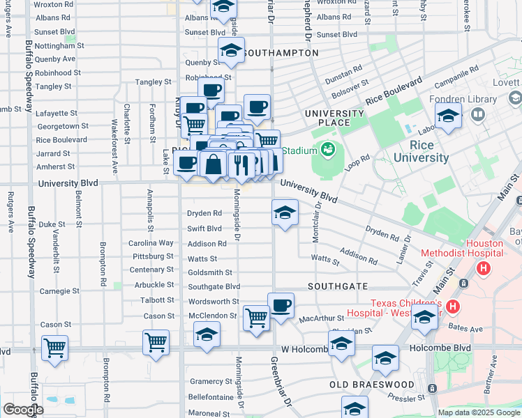 map of restaurants, bars, coffee shops, grocery stores, and more near 2314 Dryden Road in Houston