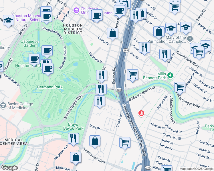 map of restaurants, bars, coffee shops, grocery stores, and more near 2221 North MacGregor Way in Houston