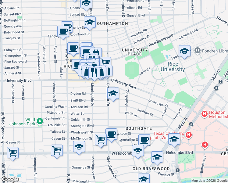 map of restaurants, bars, coffee shops, grocery stores, and more near 2242 Dryden Road in Houston