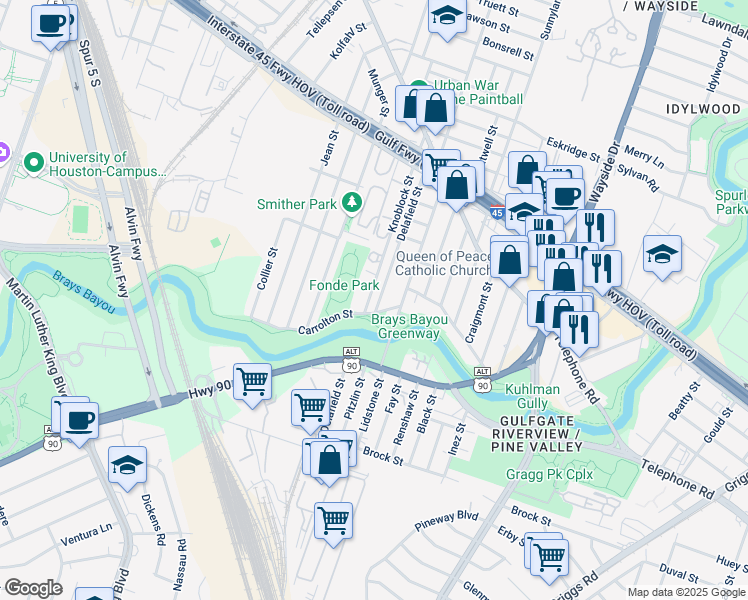 map of restaurants, bars, coffee shops, grocery stores, and more near 2704 Delafield Street in Houston