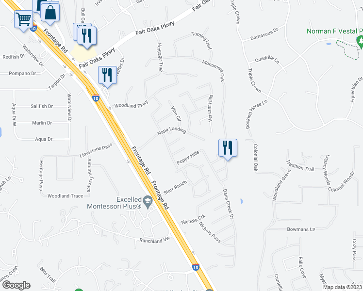 map of restaurants, bars, coffee shops, grocery stores, and more near 8707 Elkhorn Knoll in Boerne