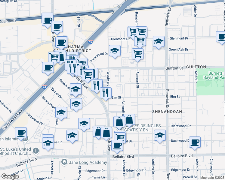 map of restaurants, bars, coffee shops, grocery stores, and more near 6231 Westward Street in Houston