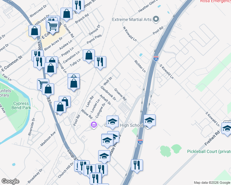 map of restaurants, bars, coffee shops, grocery stores, and more near 240 Glenbrook Drive in New Braunfels