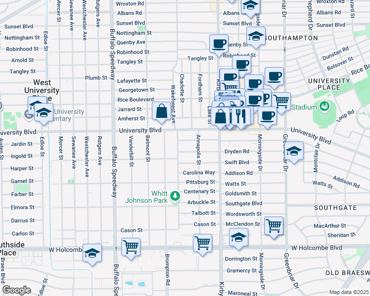 map of restaurants, bars, coffee shops, grocery stores, and more near 2722 Pemberton Drive in Houston