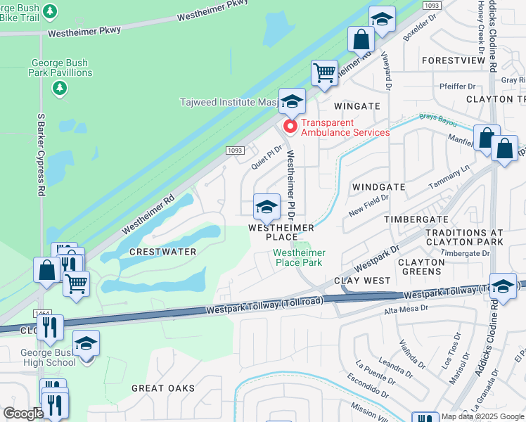 map of restaurants, bars, coffee shops, grocery stores, and more near 16406 Kensley Drive in Houston