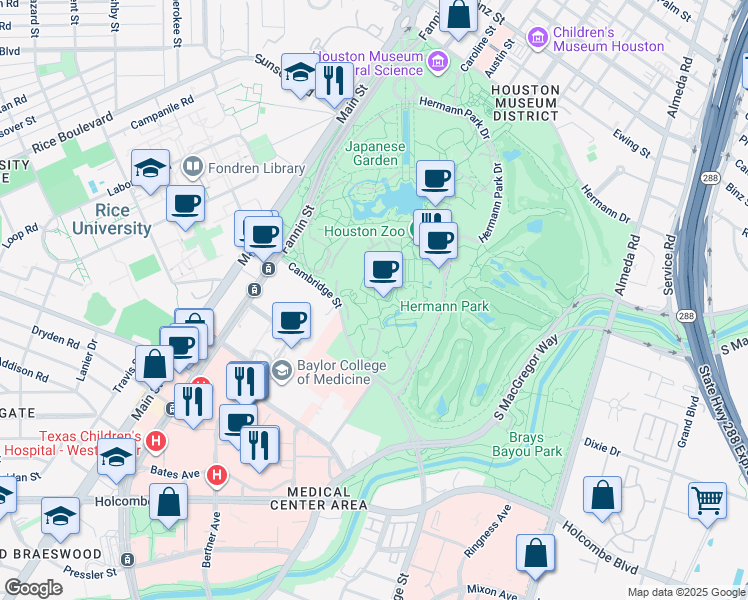 map of restaurants, bars, coffee shops, grocery stores, and more near 1513 Cambridge Street in Houston