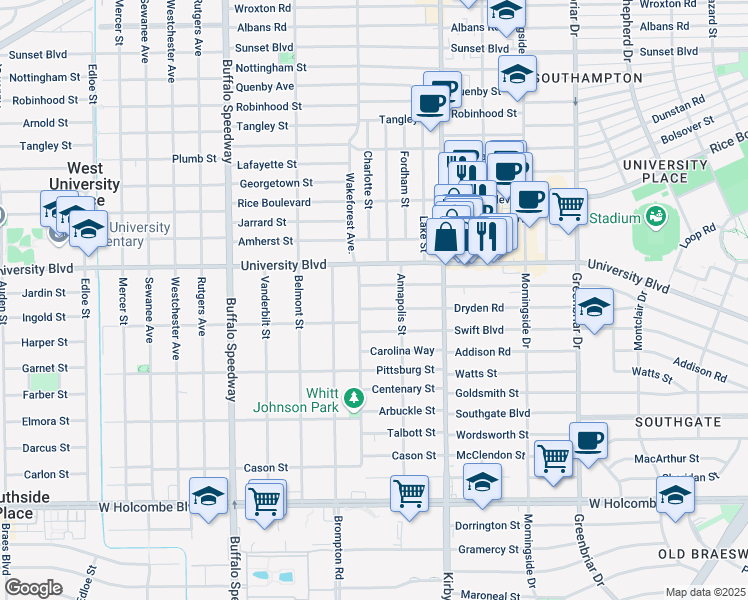 map of restaurants, bars, coffee shops, grocery stores, and more near 2722 Pemberton Drive in Houston