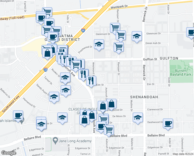 map of restaurants, bars, coffee shops, grocery stores, and more near 6231 Westward Street in Houston