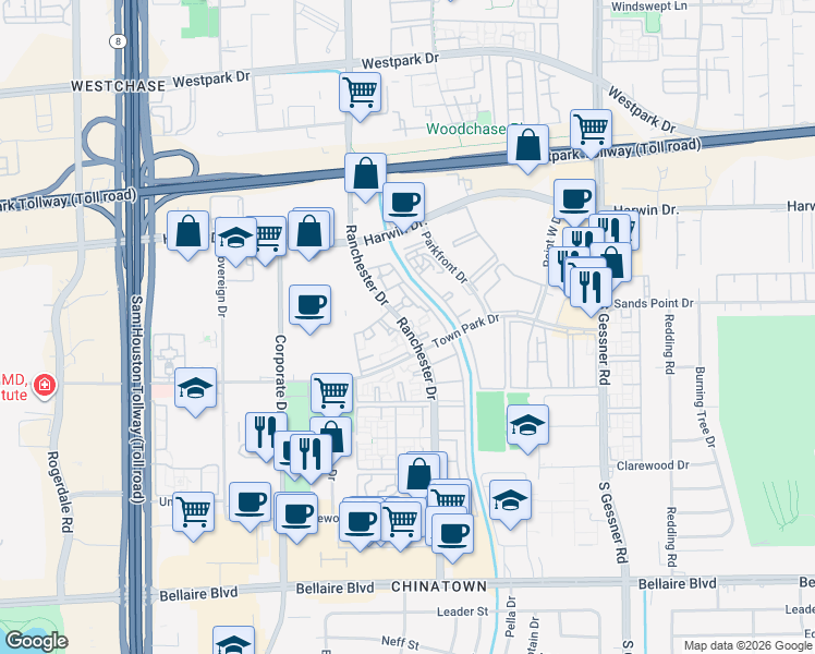 map of restaurants, bars, coffee shops, grocery stores, and more near 116 Ranchester Drive in Houston