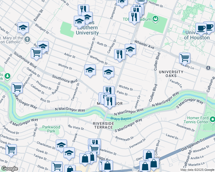 map of restaurants, bars, coffee shops, grocery stores, and more near 5118 Grantwood Street in Houston