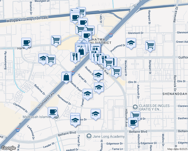 map of restaurants, bars, coffee shops, grocery stores, and more near 6301 Rookin Street in Houston