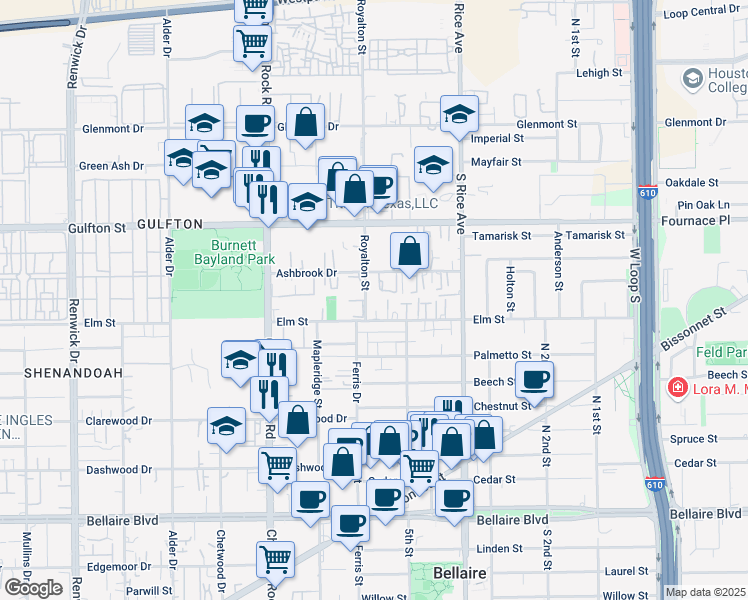 map of restaurants, bars, coffee shops, grocery stores, and more near 6211 Royalton St in Houston