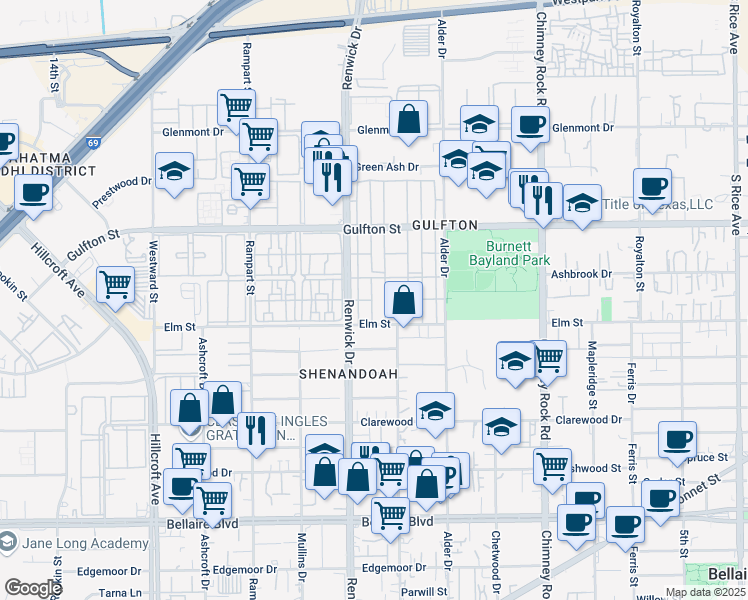 map of restaurants, bars, coffee shops, grocery stores, and more near 6245 Renwick Drive in Houston