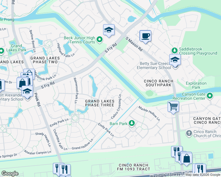 map of restaurants, bars, coffee shops, grocery stores, and more near 21406 Penshore Place Lane in Katy