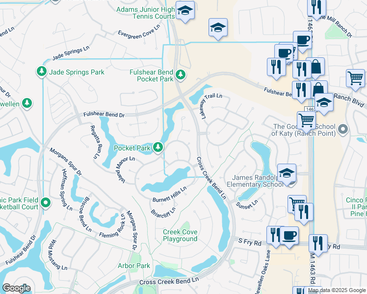 map of restaurants, bars, coffee shops, grocery stores, and more near 5107 Junction Cliff Court in Fulshear