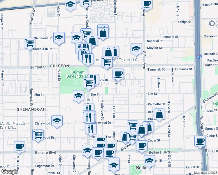 map of restaurants, bars, coffee shops, grocery stores, and more near 5320 Elm Street in Houston