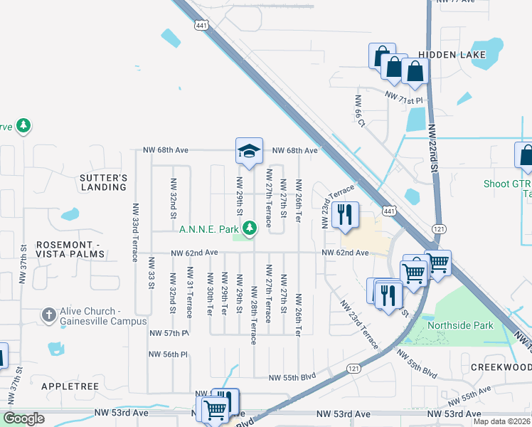 map of restaurants, bars, coffee shops, grocery stores, and more near 6426 Northwest 27th Terrace in Gainesville
