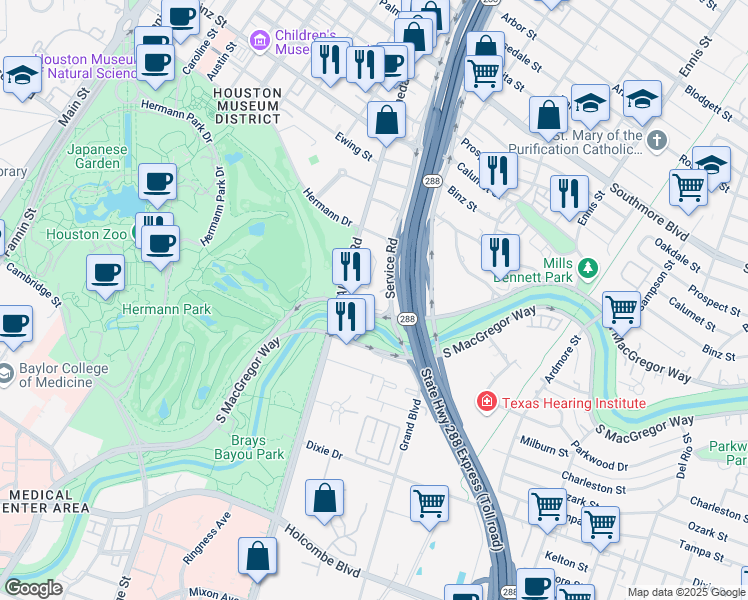map of restaurants, bars, coffee shops, grocery stores, and more near 2221 North MacGregor Way in Houston
