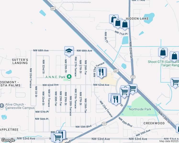 map of restaurants, bars, coffee shops, grocery stores, and more near 2331 Northwest 64th Place in Gainesville