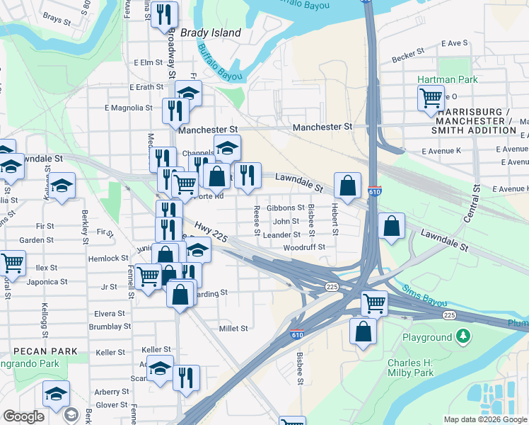 map of restaurants, bars, coffee shops, grocery stores, and more near 8515 John Street in Houston