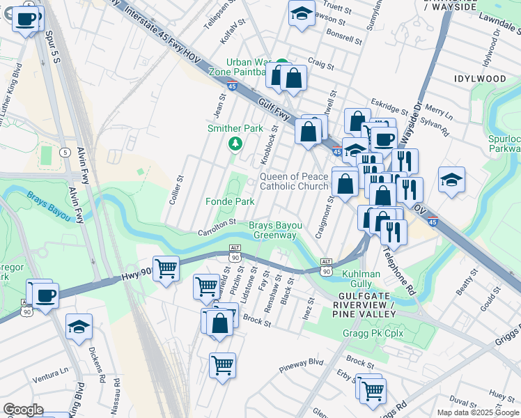 map of restaurants, bars, coffee shops, grocery stores, and more near 2704 Delafield Street in Houston