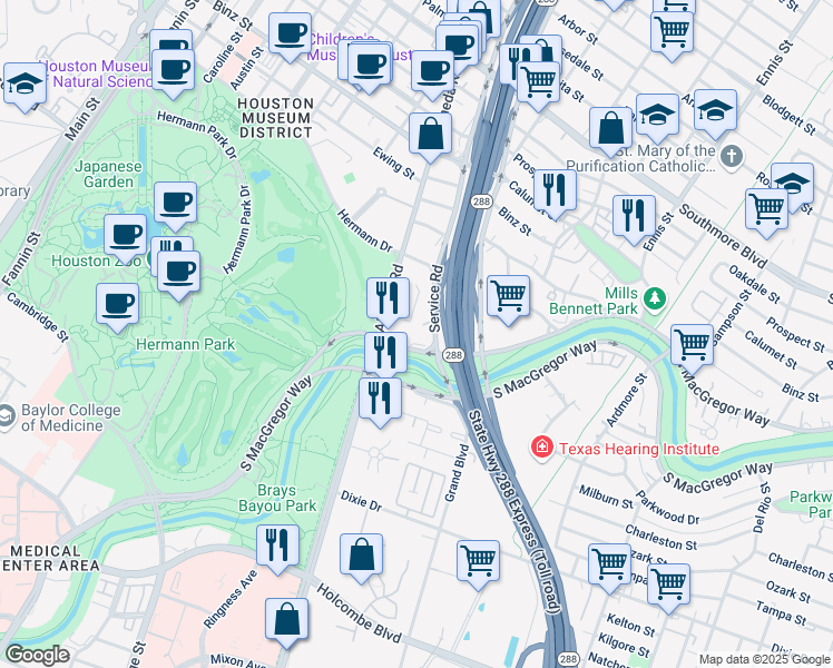 map of restaurants, bars, coffee shops, grocery stores, and more near 2221 North MacGregor Way in Houston