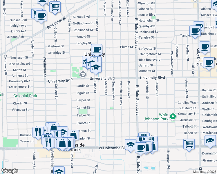 map of restaurants, bars, coffee shops, grocery stores, and more near 6336 Sewanee Avenue in Houston