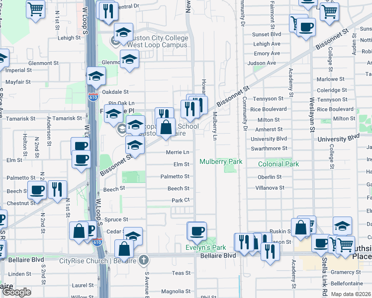 map of restaurants, bars, coffee shops, grocery stores, and more near 4509 Merrie Lane in Bellaire