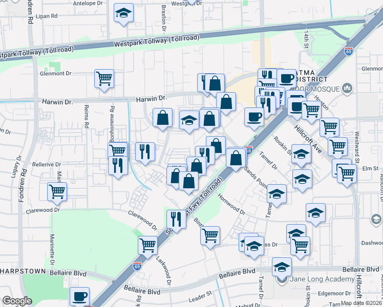 map of restaurants, bars, coffee shops, grocery stores, and more near 6978 Windwater Parkway North in Houston