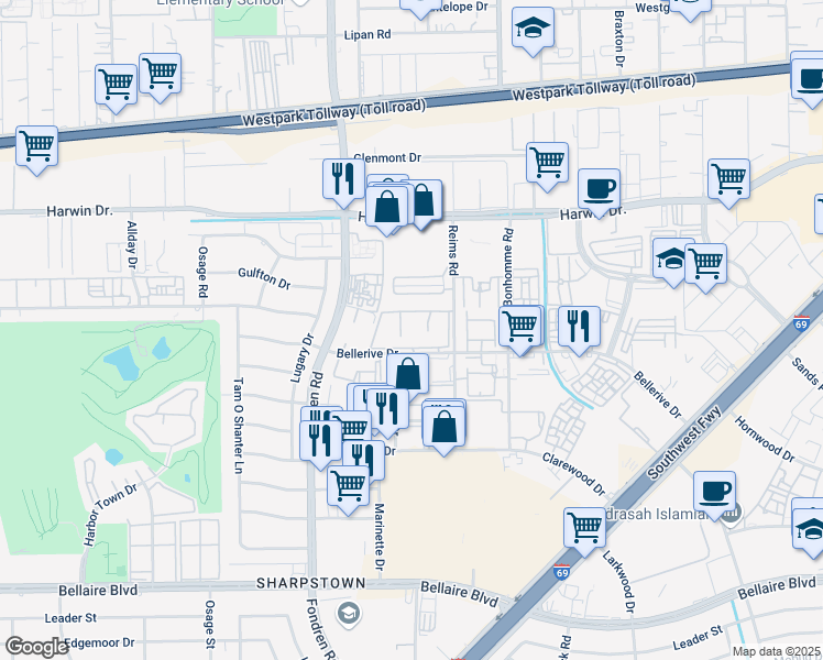 map of restaurants, bars, coffee shops, grocery stores, and more near 7500 Bellerive Drive in Houston