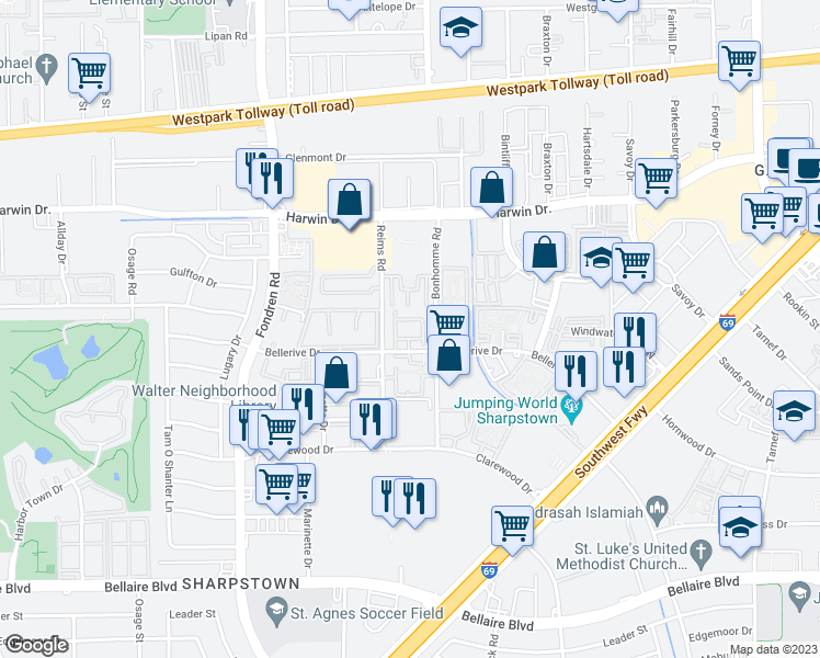 map of restaurants, bars, coffee shops, grocery stores, and more near 7400 Bellerive Drive in Houston