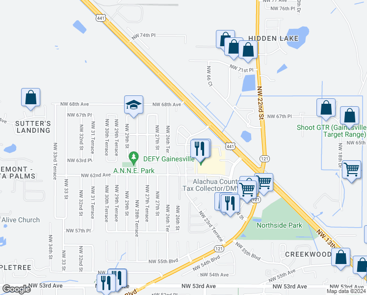 map of restaurants, bars, coffee shops, grocery stores, and more near 2331 Northwest 64th Place in Gainesville