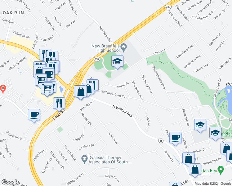 map of restaurants, bars, coffee shops, grocery stores, and more near 1190 Fredericksburg Road in New Braunfels