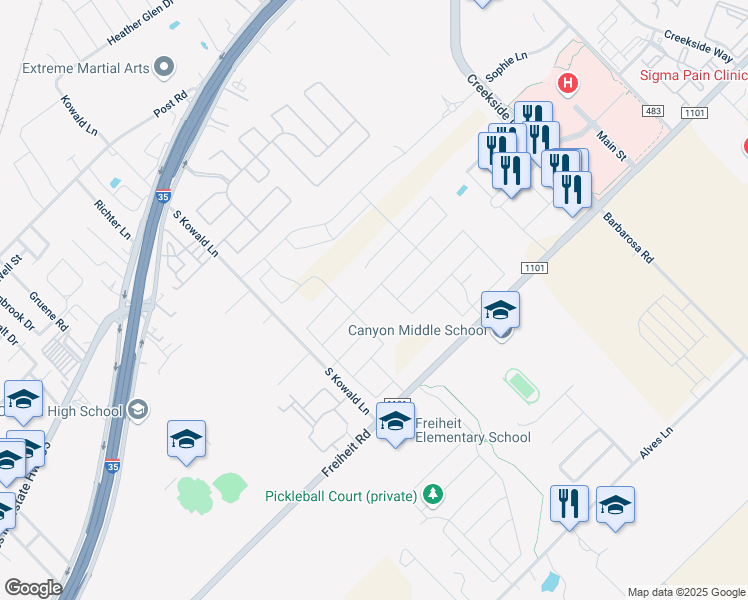 map of restaurants, bars, coffee shops, grocery stores, and more near 651 Pebble Bend in New Braunfels
